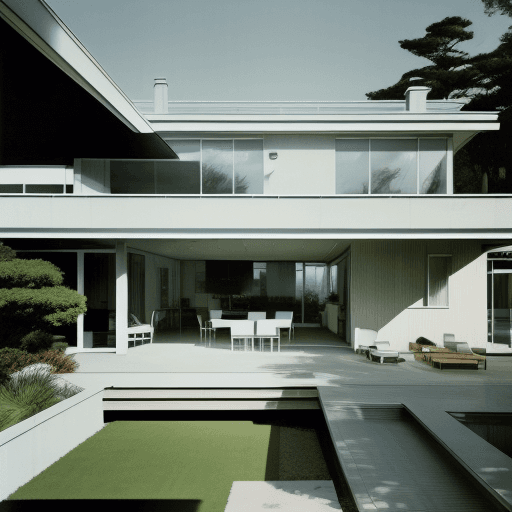 AI generated: Hyper realistic eye level exterior photo of a mid century modern style house overlooking the ocean, ...