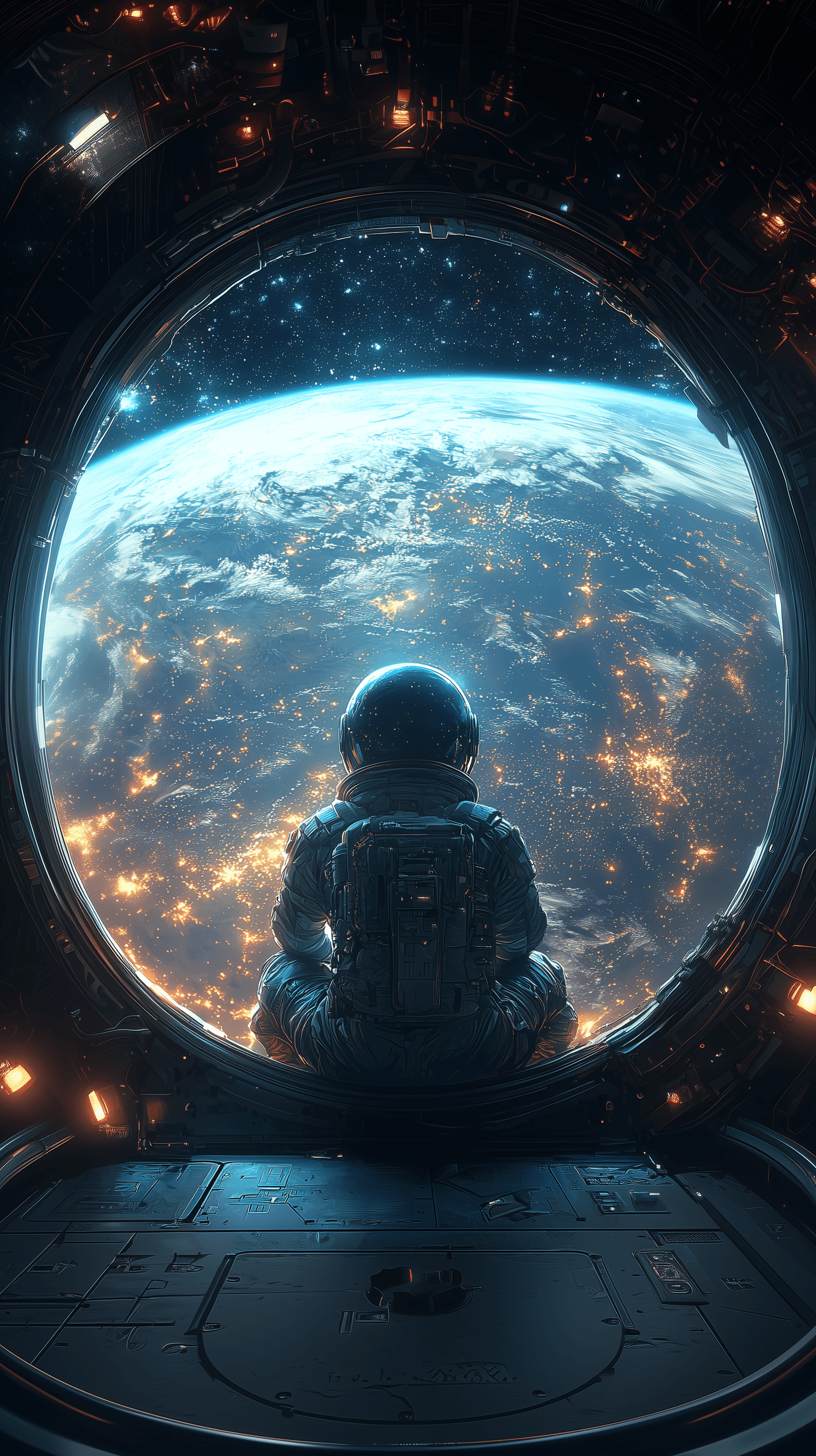 AI generated: illustration art, sci-fi concept, a small futuristic astronaut sitting at the threshold of a giganti...