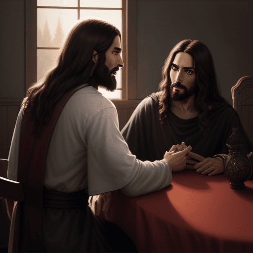 AI generated: Jesus talking to a demon sitting at a table, realistic rendering, centered, digital painting