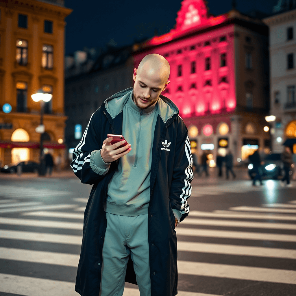 AI generated: A young, slim man with pale skin, bald head, and a little beard, engrossed in his iPhone 15 Pro at J...