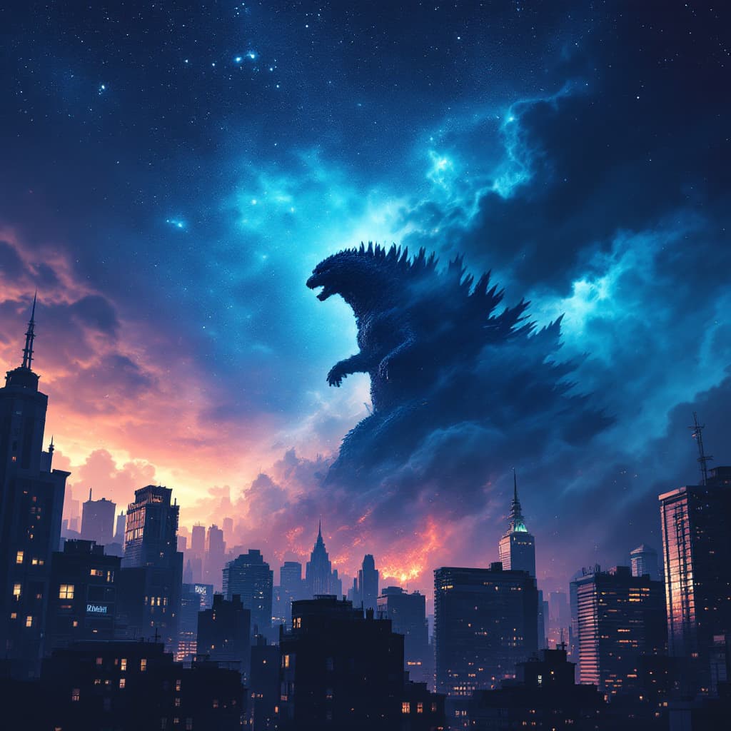 AI generated: negative space of godzilla destroying a city