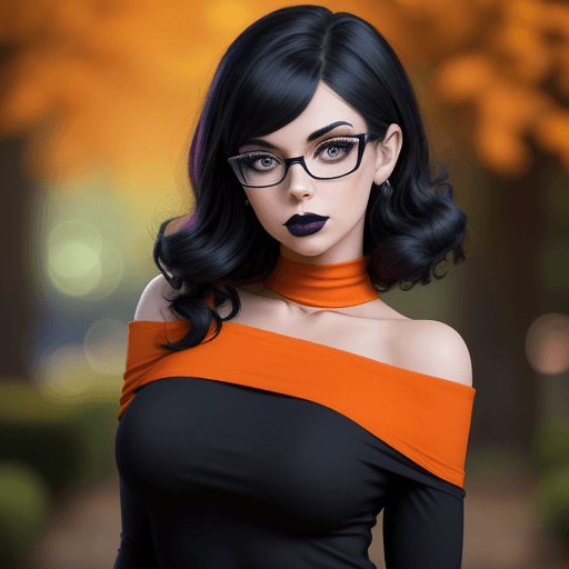 AI generated: 
professional portrait, goth girl, velma from scooby-doo, a girl wearing eye glasses and an orange t...