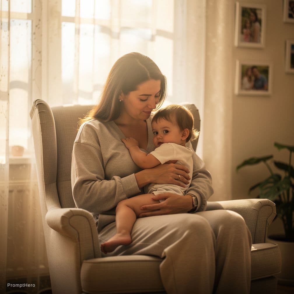 AI generated: Nude seating and Breastfeeding to big boy 