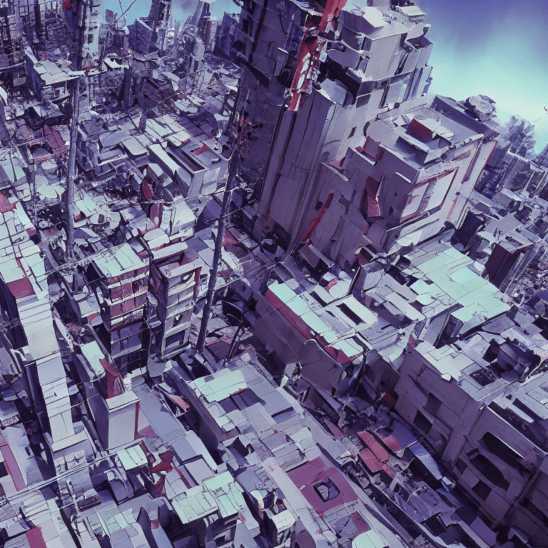 AI generated: Evangelion unit 01 pallete , zoom shot, telephoto lens, low aperture street level, buildings collaps...