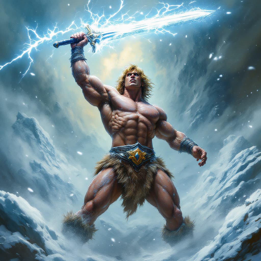 AI generated: : (Ultra-detailed, Boris Vallejo, hyper-realistic, cinematic, sharp focus:1.5), He-Man, the iconic h...