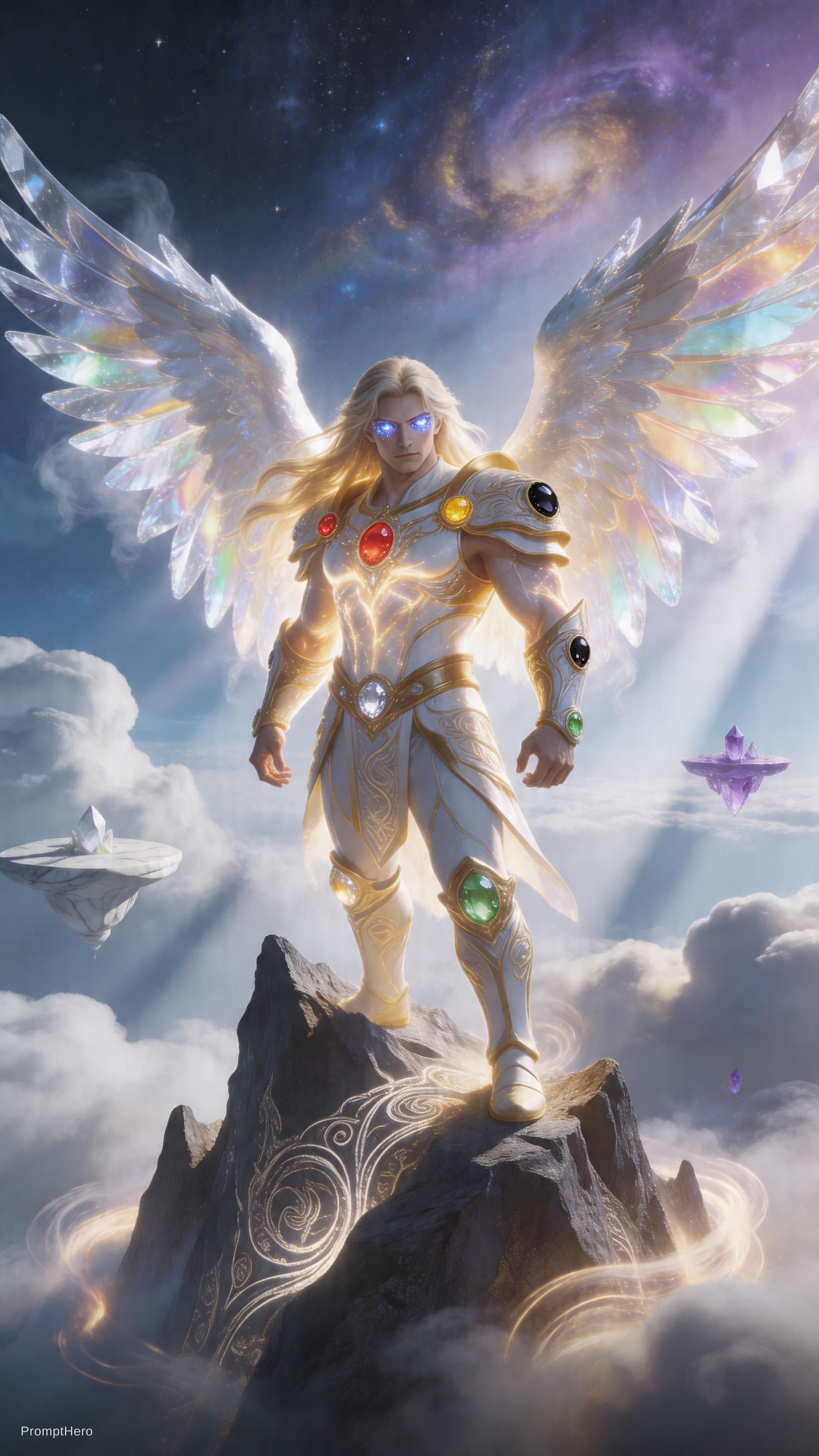 AI generated: The angel stands upon the jagged peak of a celestial mountain, his form bathed in an ethereal glow t...