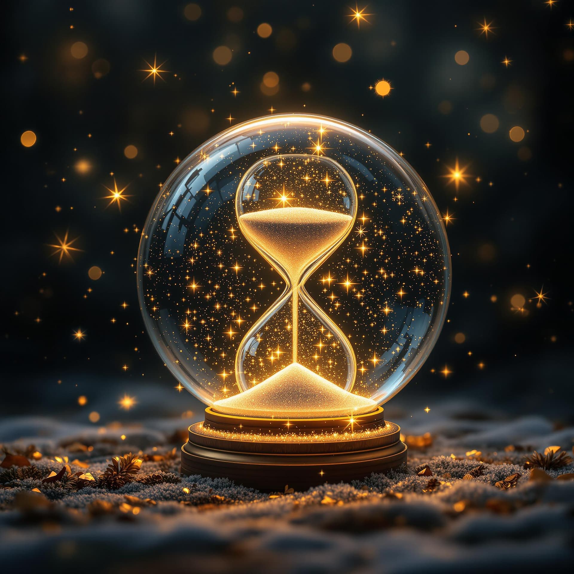 AI generated: a magic ball in the air, it contains a whole world of New Year's magic and hourglass