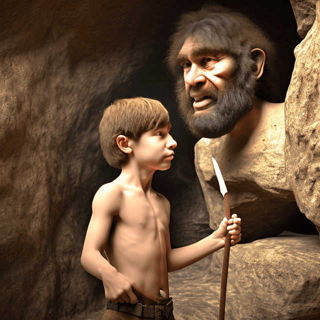 AI generated:  a young prehistoric boy looks at a very old prehistoric caveman in a prehistoric cave,  side view, ...