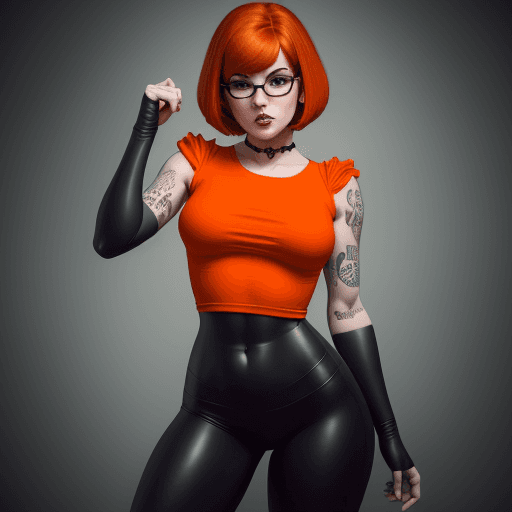 AI generated: velma from scooby-doo, beautiful charismatic girl, showing piercing, athletic body, a woman an orang...