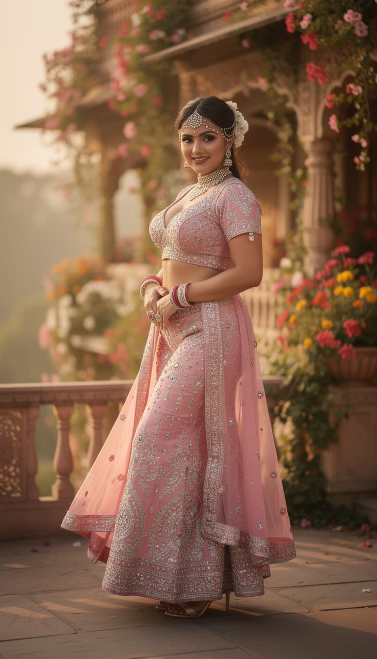AI generated: Full body view of a ravishing Indian apsara in stilettos, plus size with FLAT stomach , big round fu...