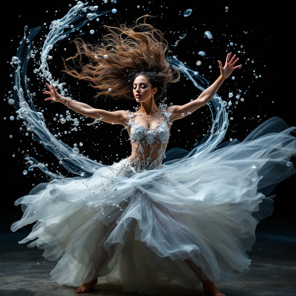 AI generated: A playful elemental dancer, her form shifting like the wind, her clothing crafted from the elements ...
