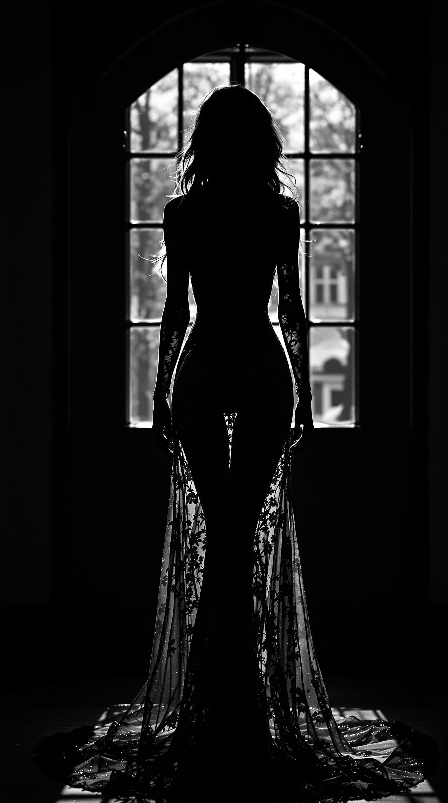 AI generated: A realistic, full body, black and white photograph of a perfect body, with long, wavy hair female fi...