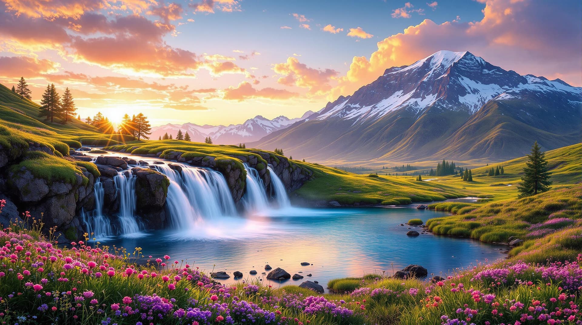 AI generated: A realistic, mesmerizing, vibrant landscape that has rolling hills, majestic snow-capped mountains w...