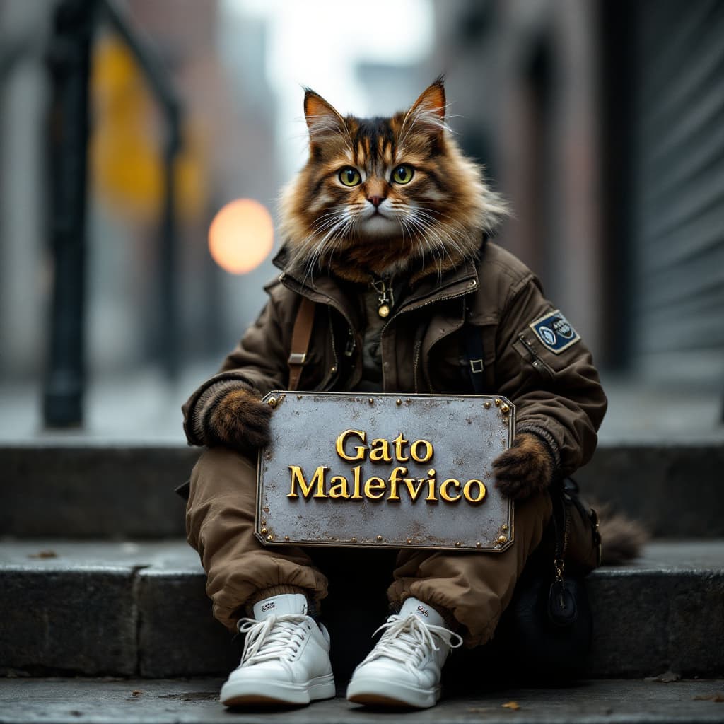AI generated: anthropomorphic, a cat named ”street style KOL kitty” wearing dark brown flight jacket, holding a Fl...
