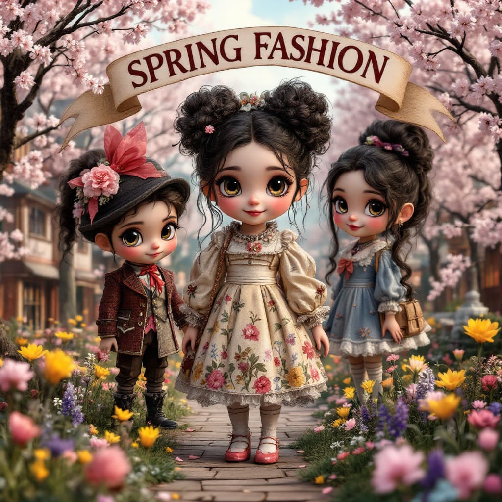 AI generated: full body shot, extremely detailed Victorian spring fashion four chibi girls intricate eyes pretty s...