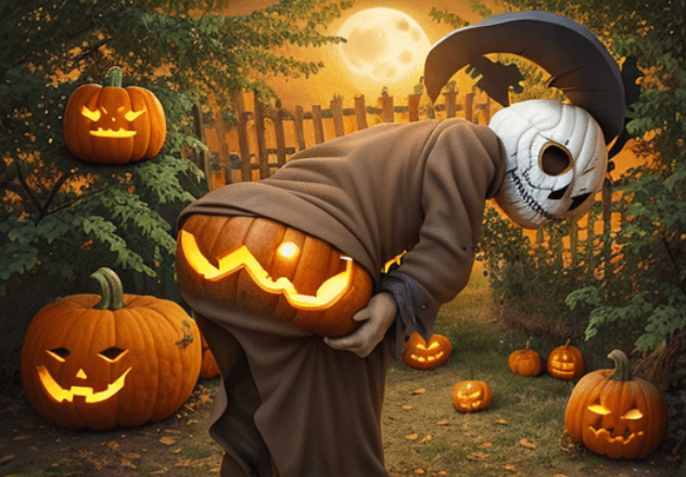 AI generated: a scarecrow is picking up pumpkins in a pumpkin patch, Clovis Trouille, full moon, a surrealist scul...