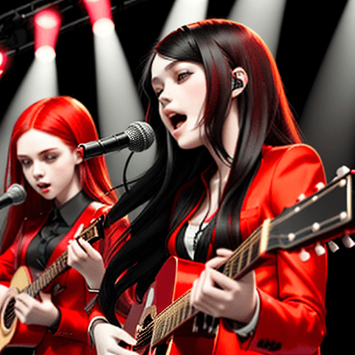 AI generated: the first girl, with black long hair, holds a microphone in her hand and sings, the second girl, wit...