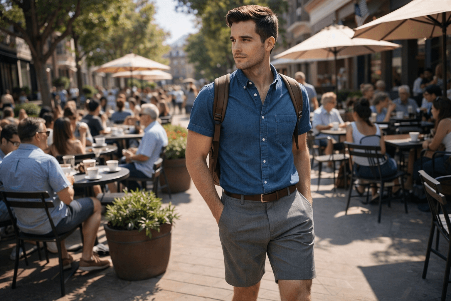 AI generated: In a sunny morning at a nice neighborhood. The model walking among a lot of people at a coffee shop ...