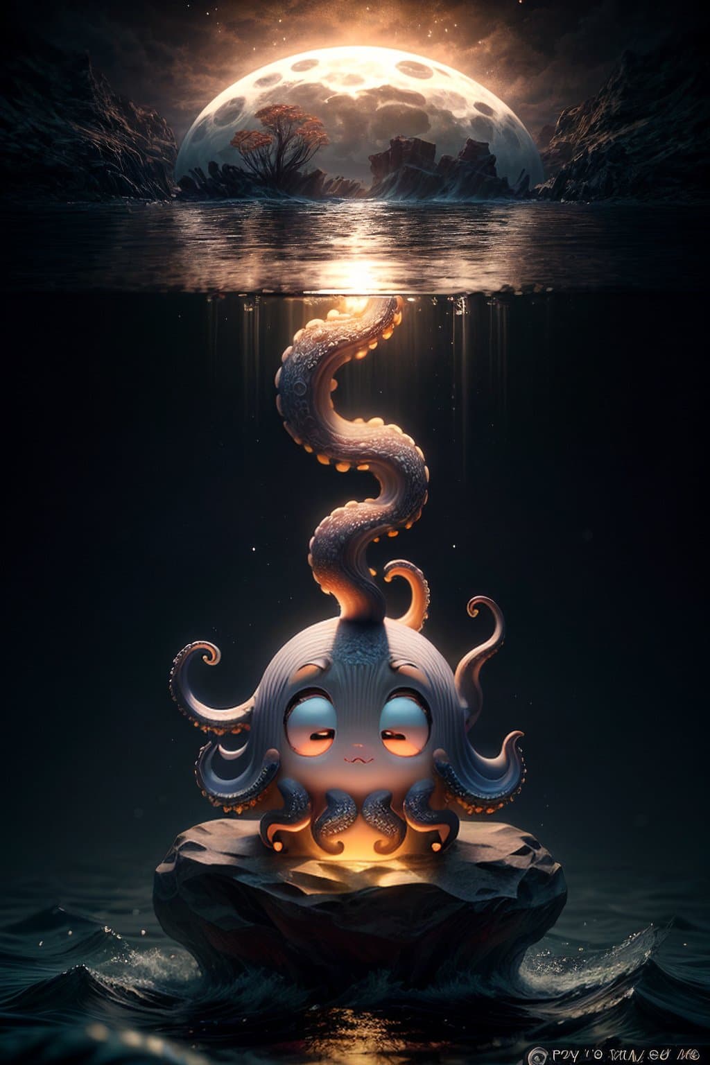 AI generated: insanely detailed, Cute octopus , floating on sea stormy waves and huge low poly rock, full moon in ...