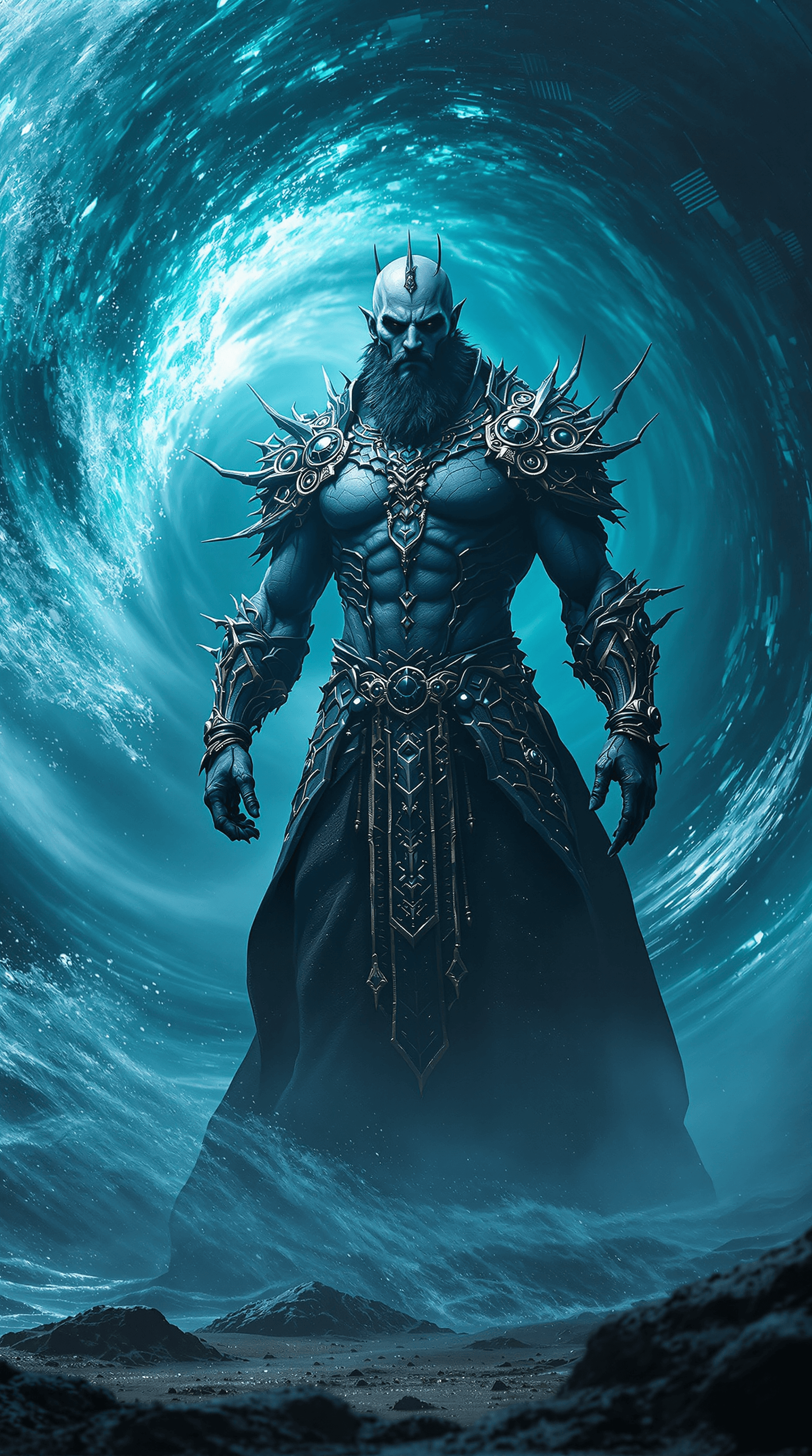 AI generated: brutal man king of ocean in spiral wave water, blue fog, mist background glorious , perfect face, re...