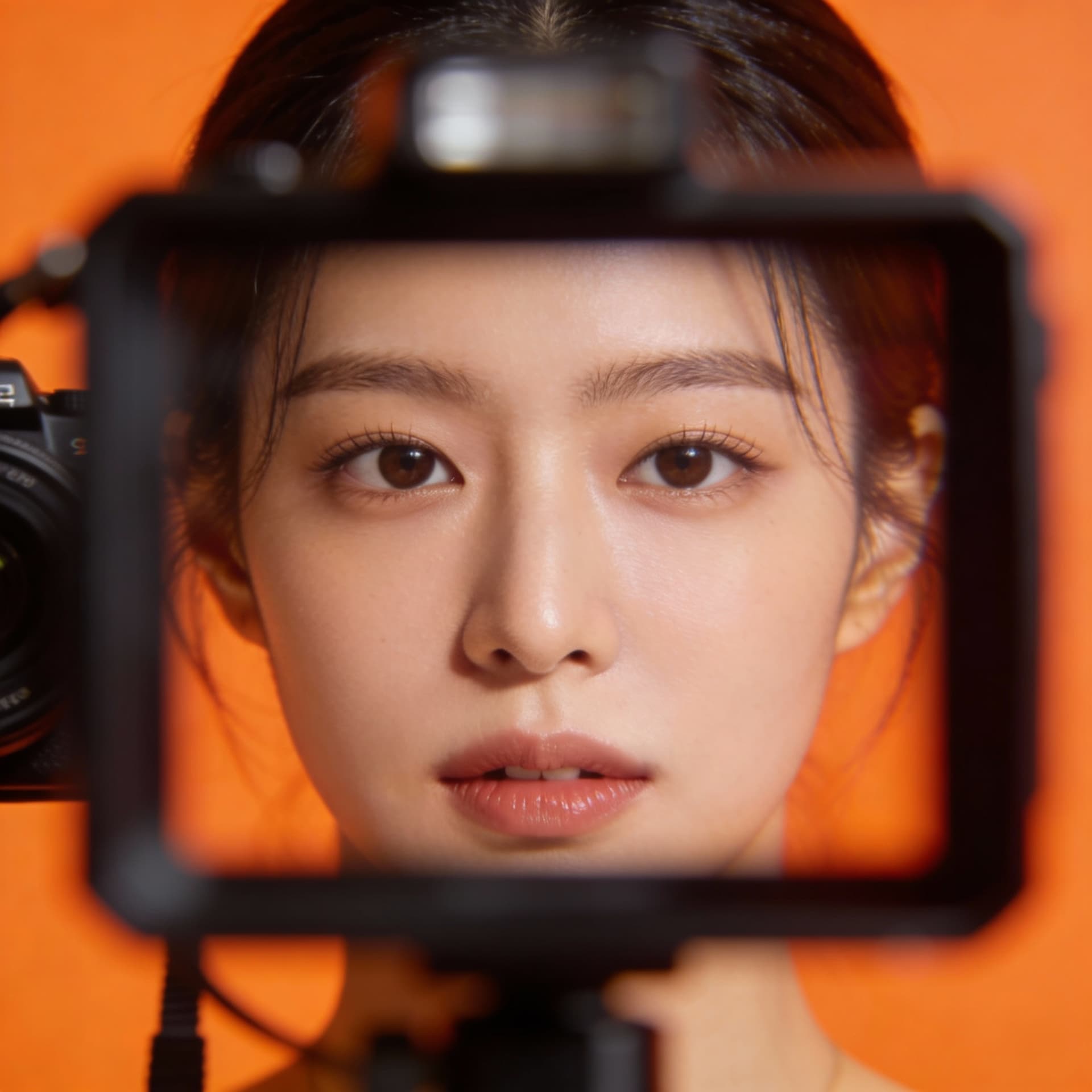AI generated: photography, orange hue, korean woman model, solid orange backdrop, using a camera setup that mimics...