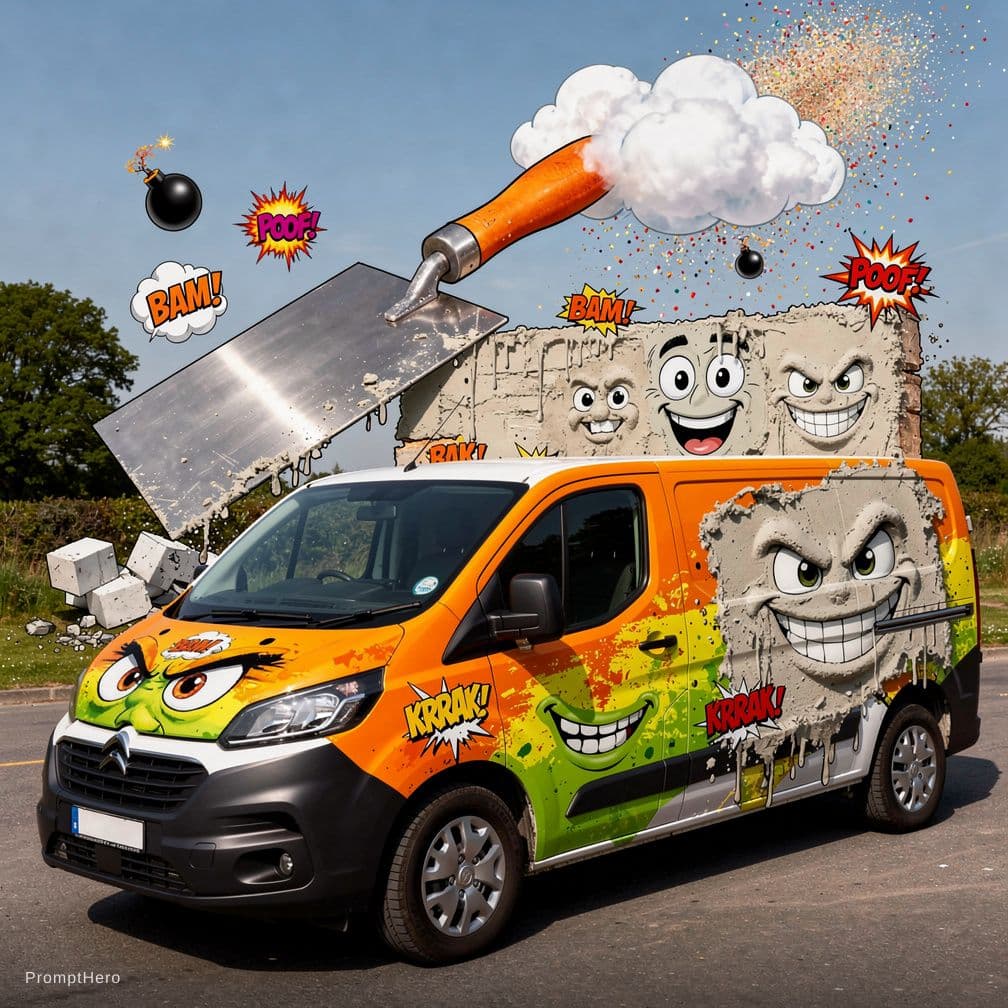 AI generated: Opdracht: De Werkbus-Opdruk voor DBS Stucadoors - "De Gipsen Gevaarzone: Waarschuwing: Kan Lachen Ve...
