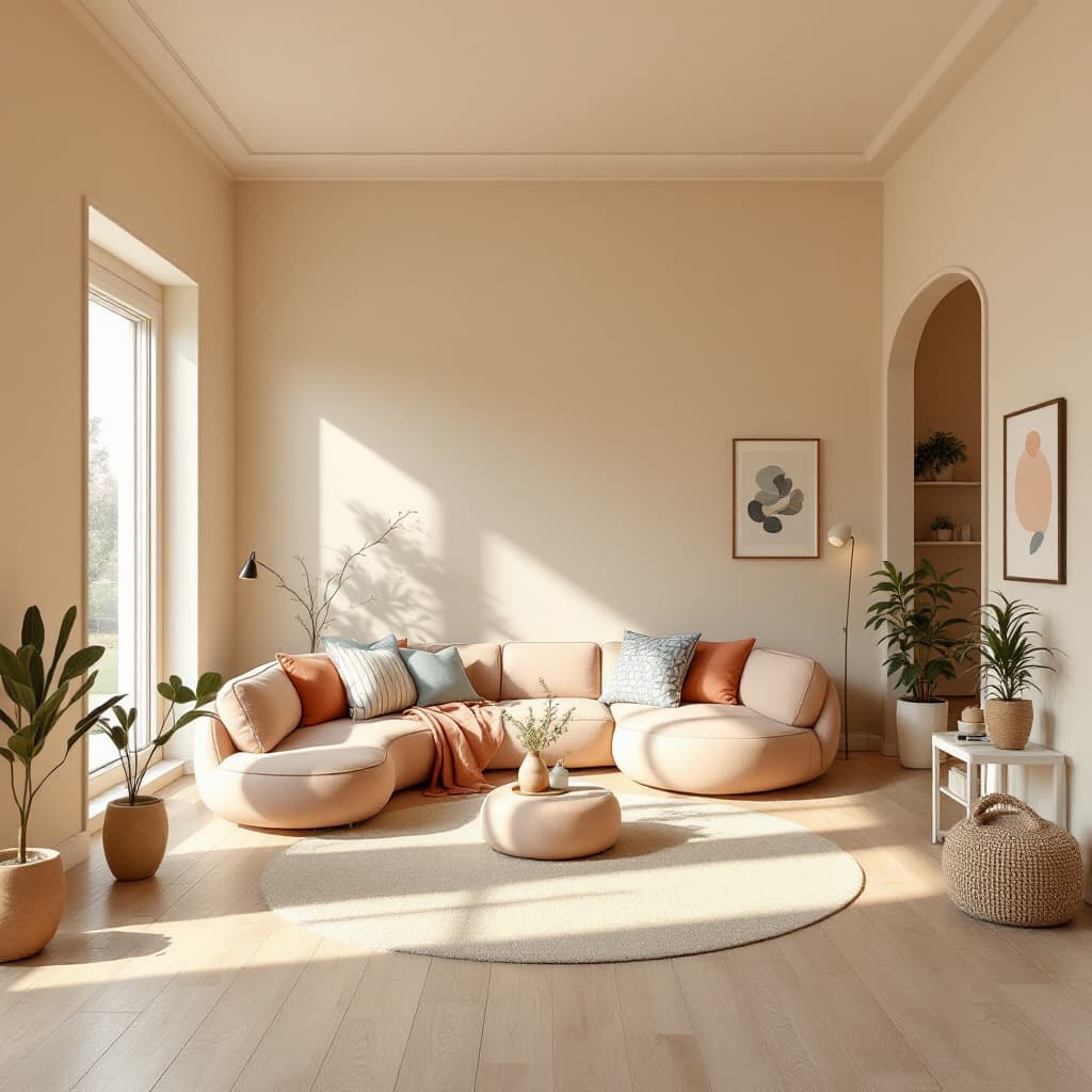 AI generated: High resolution photography interior design, dreamy sunken living room conversation pit, wooden floo...
