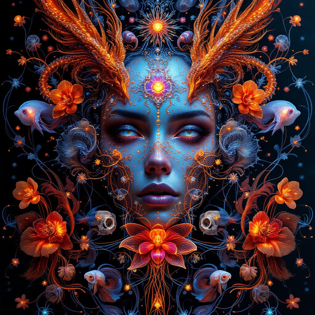 AI generated: Goddess close-up portrait ribcagel. jellyfish phoenix head, nautilus, orchid, skull, betta fish, bio...
