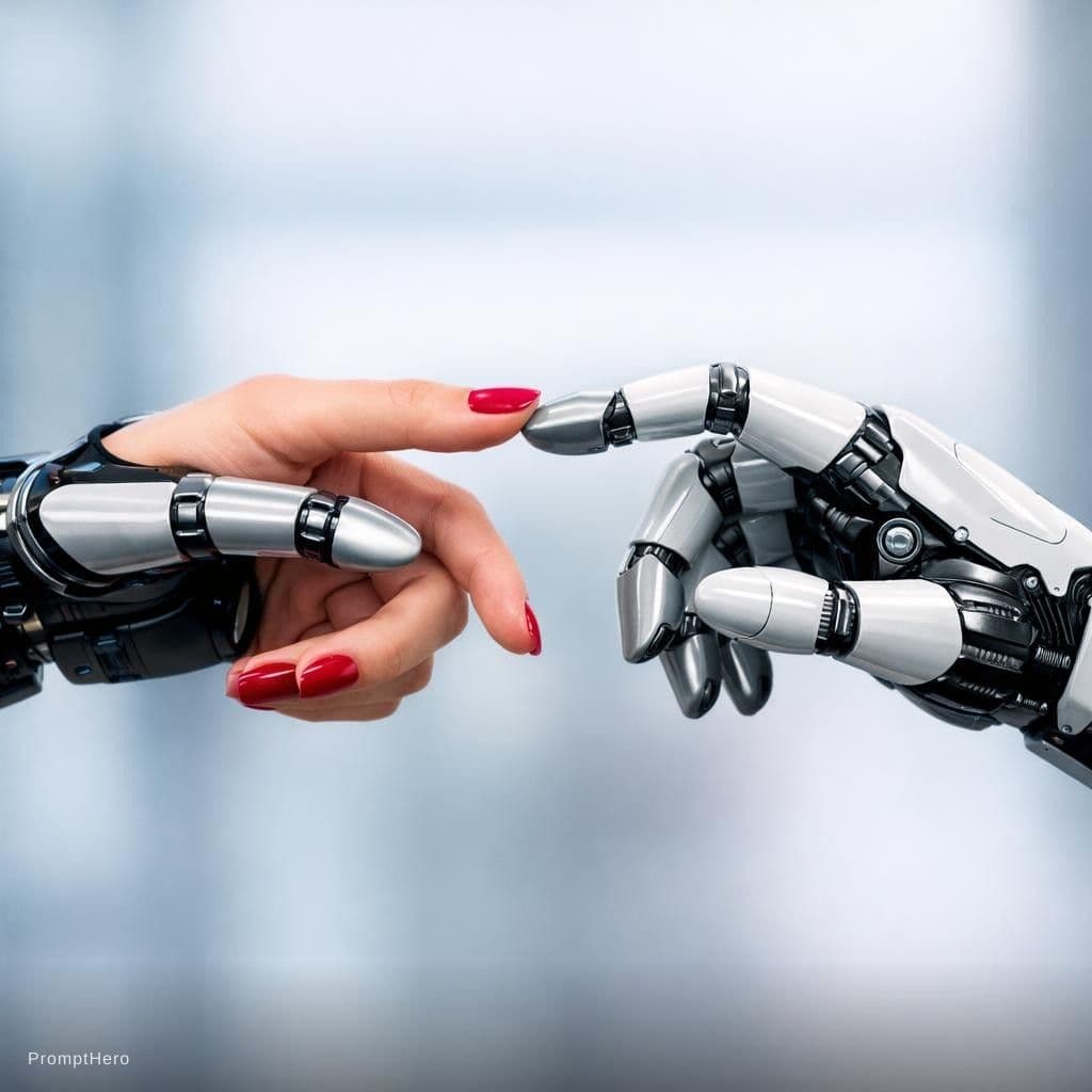 AI generated: Robot hand and female human hand vice versa