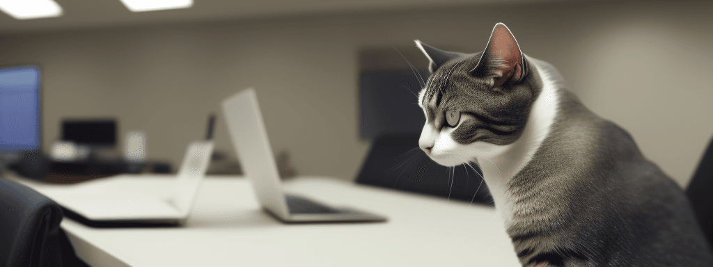 AI generated: The photo shows a cat in a business suit sitting at a table in front of a computer in what appears t...