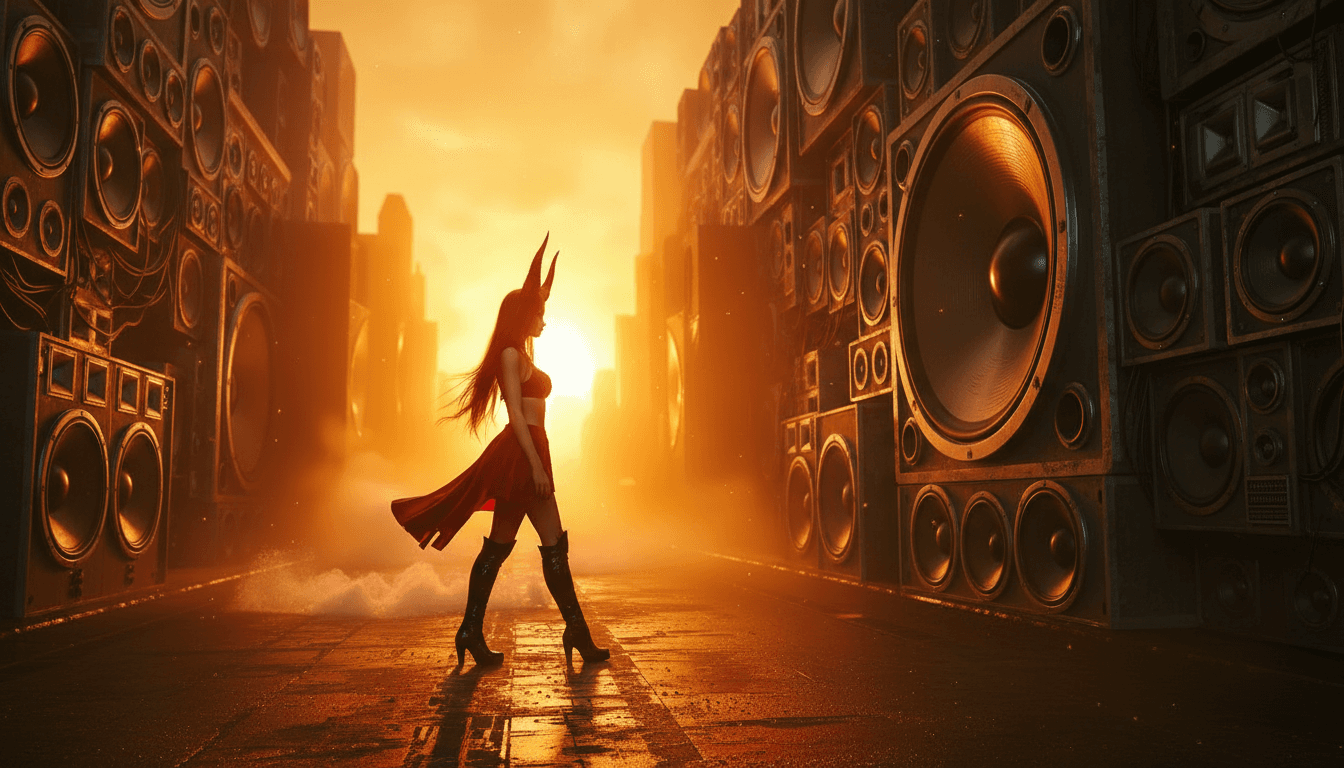 AI generated: Turn the camera 90 degrees right side. The bacground is a wall of huge loudspeakers