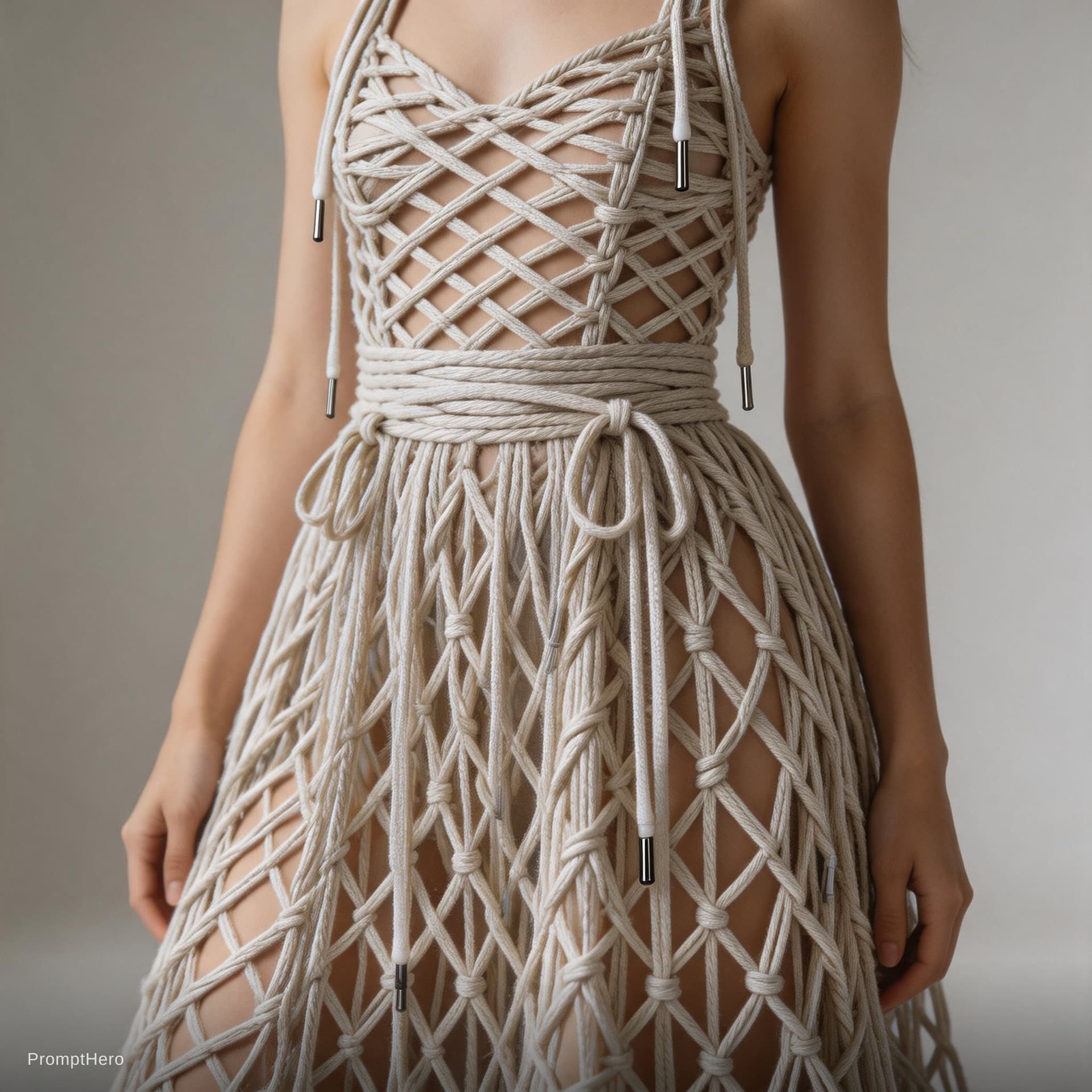 AI generated: she wears a dress made entirely from thin shoelaces
