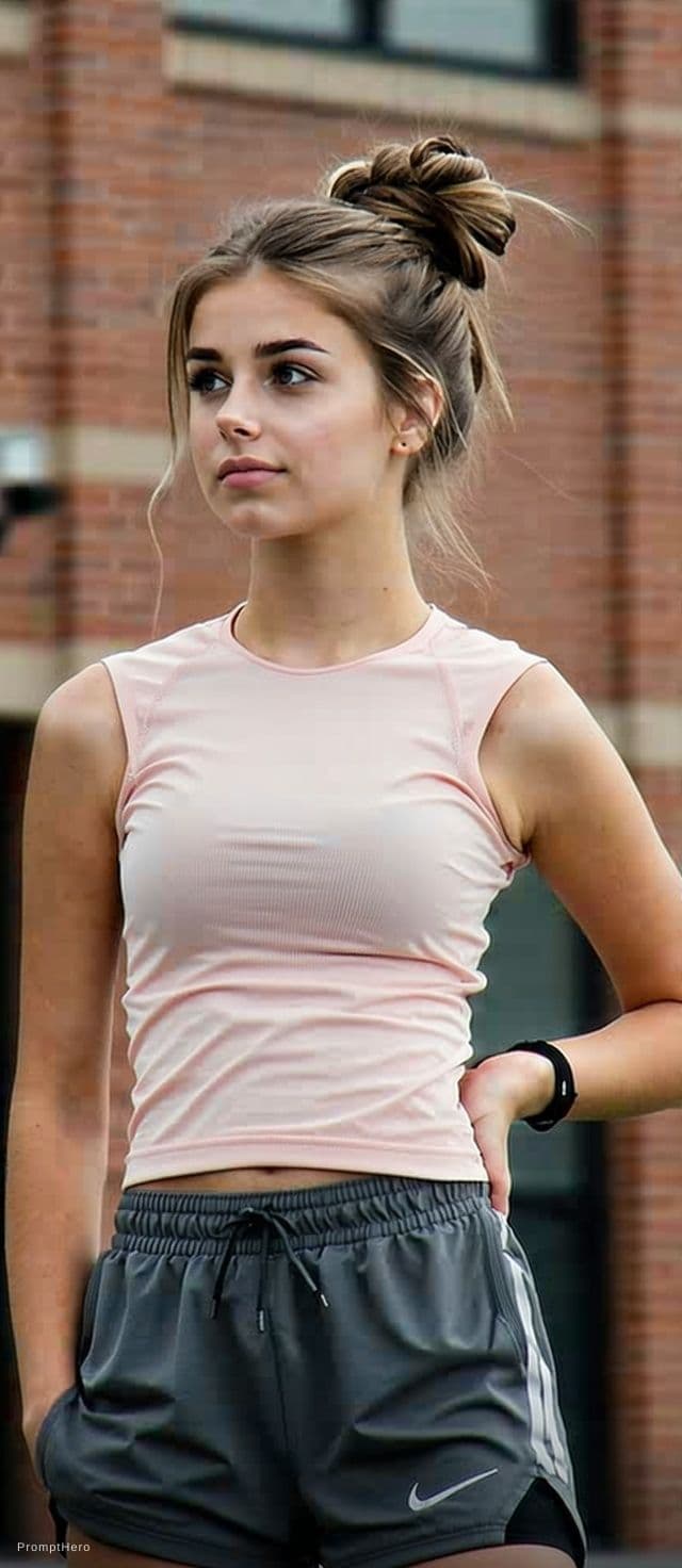 AI generated: pretty college girl in light pink tiny tube top and silky split grey running shorts. messy bun, side...