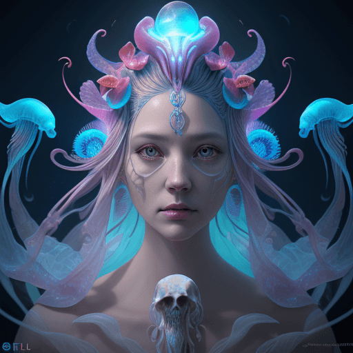 AI generated: Goddess close-up portrait ribcagel. jellyfish phoenix head, nautilus, orchid, skull, betta fish, bio...
