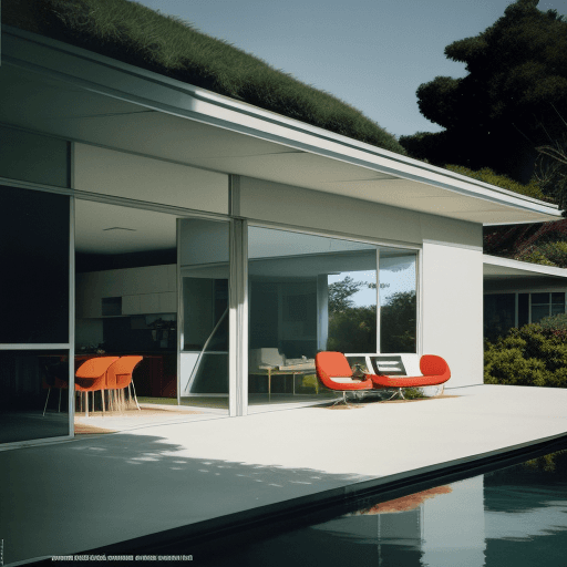 AI generated: Hyper realistic eye level exterior photo of a mid century modern style house overlooking the ocean, ...