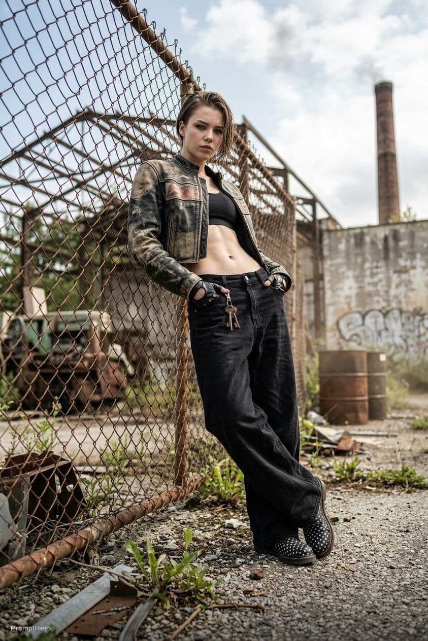 AI generated: Fashion photo of a Female model with boyish silhouette wearing cropped racing jacket and wide-leg pa...