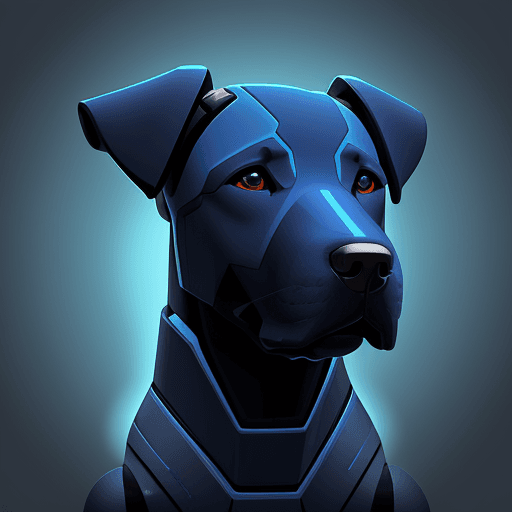 AI generated: A stylized robo-themed illustration of a Labrador dog head, seen directly from the front, in a blue ...