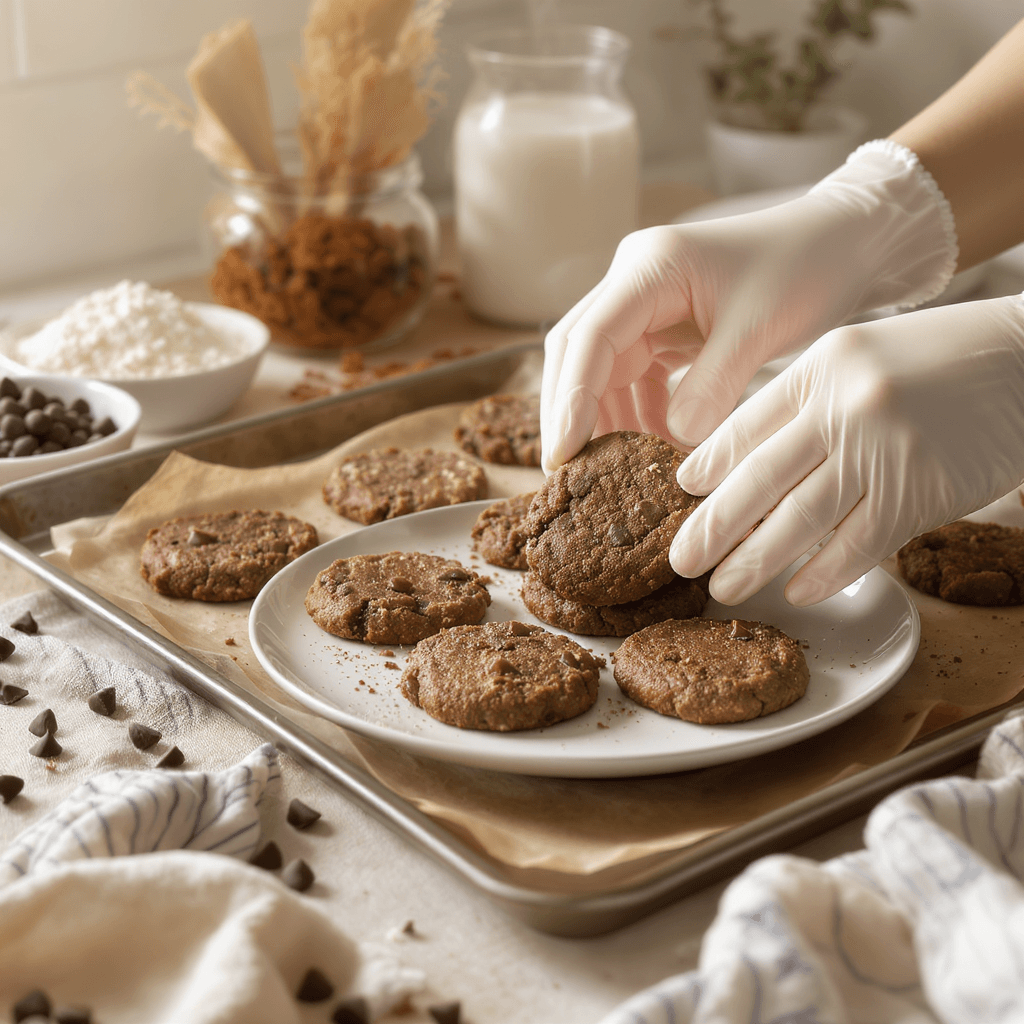 AI generated: A warm and clean home-style kitchen scene showing a batch of freshly baked gluten-free chocolate coo...