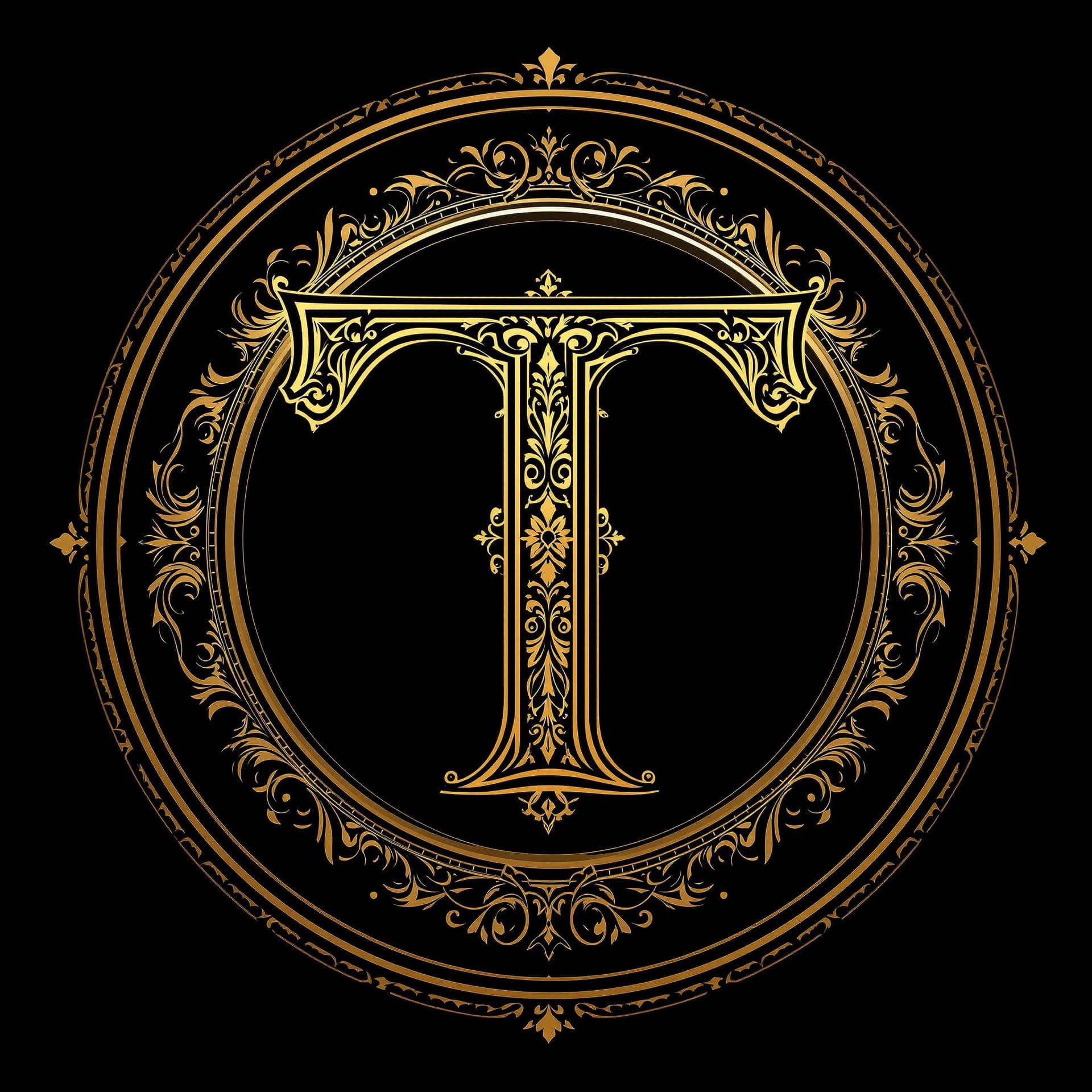 AI generated: A 2D elegant logo featuring the letter 'T' in a luxurious golden design. The letter is intricately d...