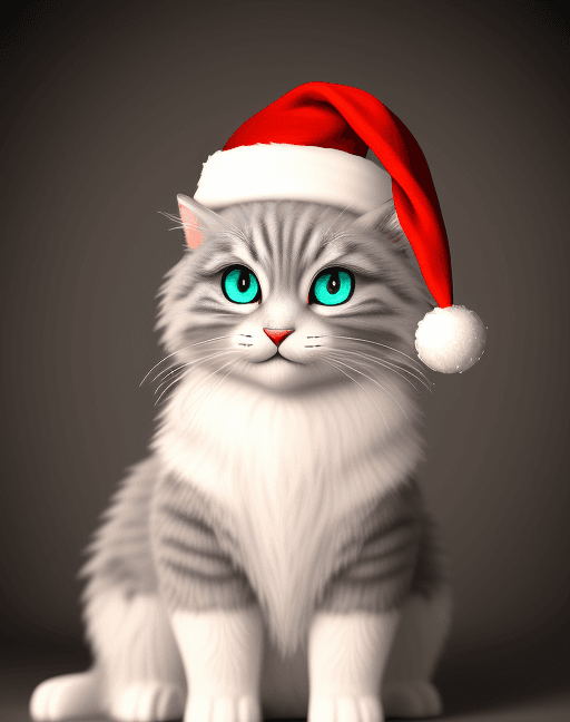 AI generated: animated happy grey fluffy tabby cat with big green eyes, cartoon, cute, red santa hat, christmas li...