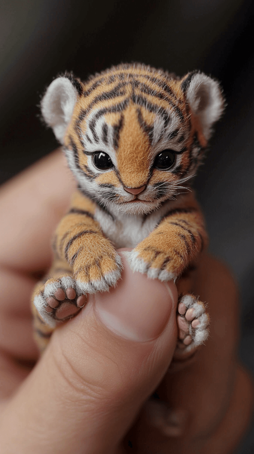 AI generated: Photorealistic macro shot of a miniature newborn tiger perched on a human thumb. The extreme close-u...