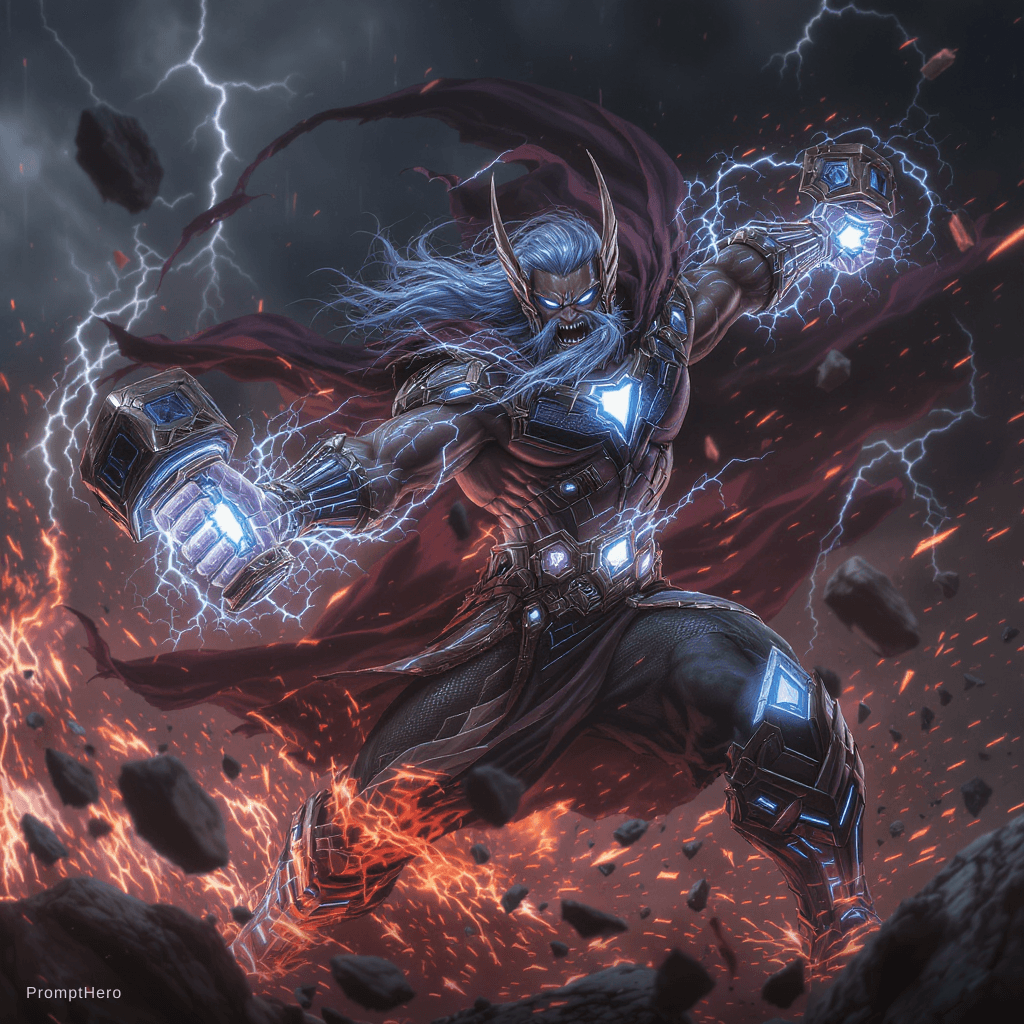 AI generated: realistic style, thor fighting at war, raging, blue hair, character design, body is adorned with glo...