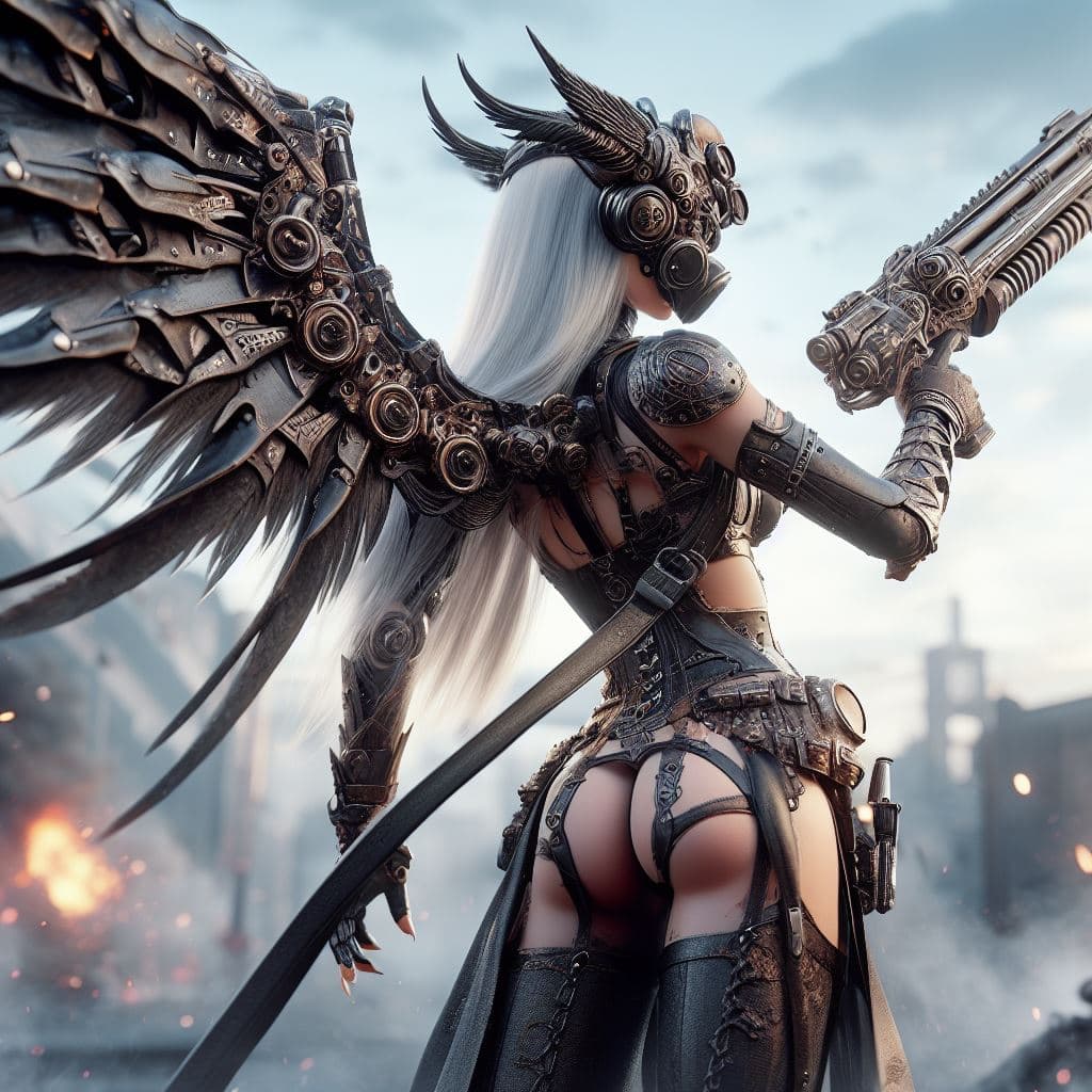 AI generated: Very badass Steampunk female winged demon, long silver hair, steampunk outfit and holding a big gun,...