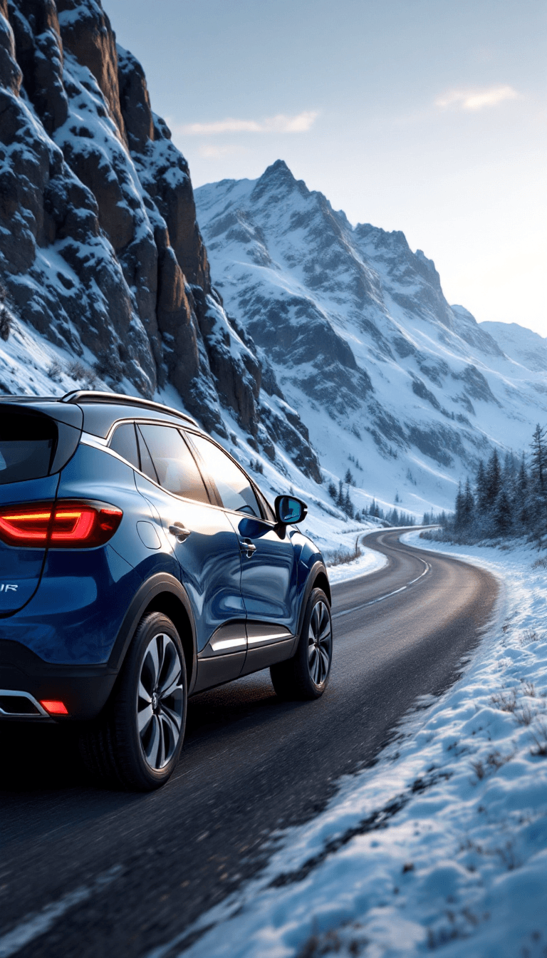 AI generated: Side shot of renault captur driving on a road next to montain, winter day, light reflection on car, ...
