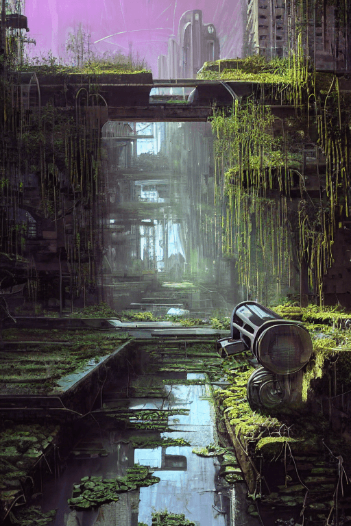 AI generated: overgrown river canal in ruined apocalyptic sci-fi city, stone plazas, stone steps, temples, sci-fi ...