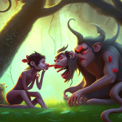 AI generated: cute anthropomorphic male demon kissing a female cute anthropomorphic space demon monkey in a magica...