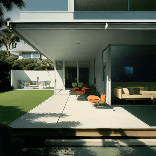 AI generated: Hyper realistic eye level exterior photo of a mid century modern style house overlooking the ocean, ...