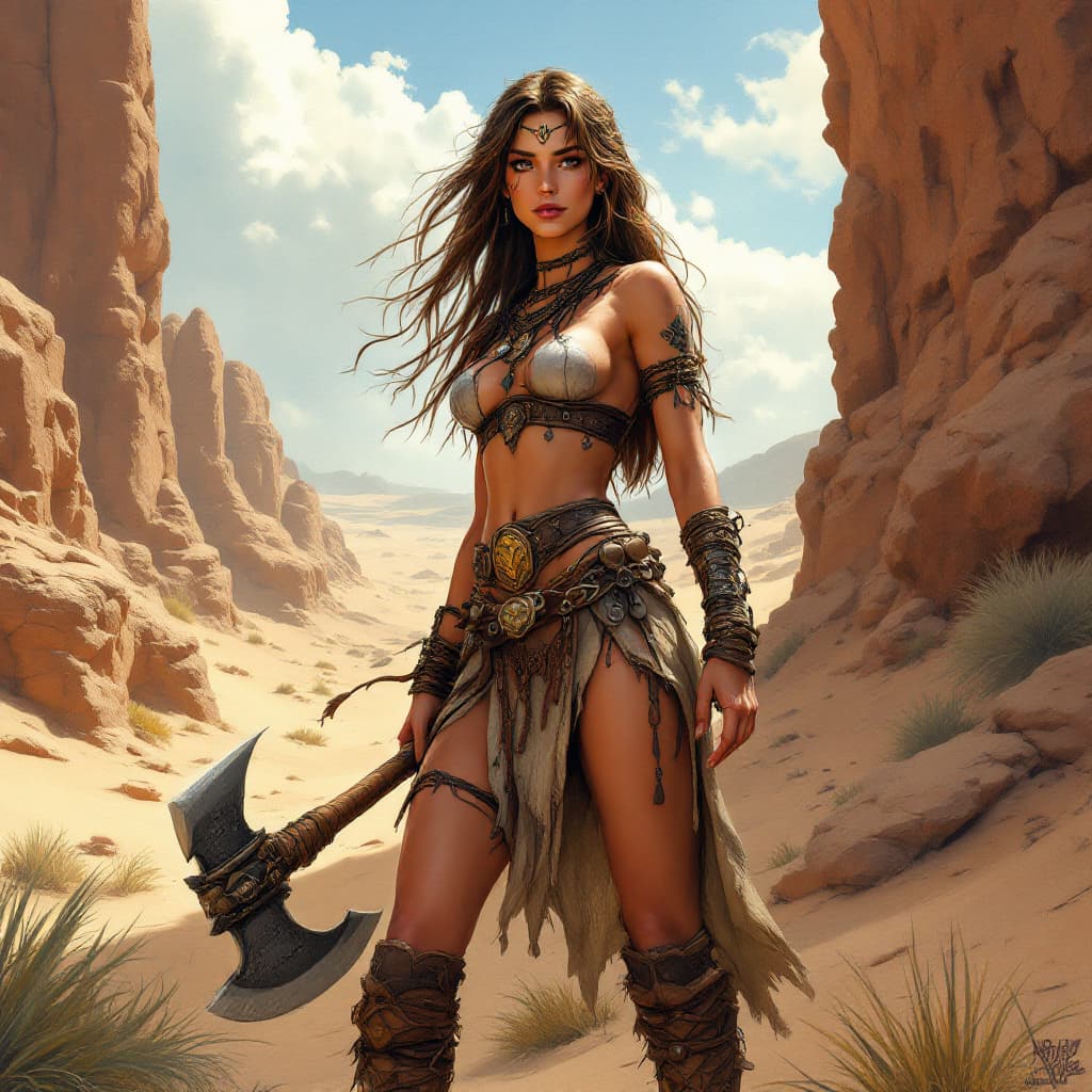 AI generated: Full body shot of young beautiful European female barbarian woman warrior, no nudity, no bare tits m...