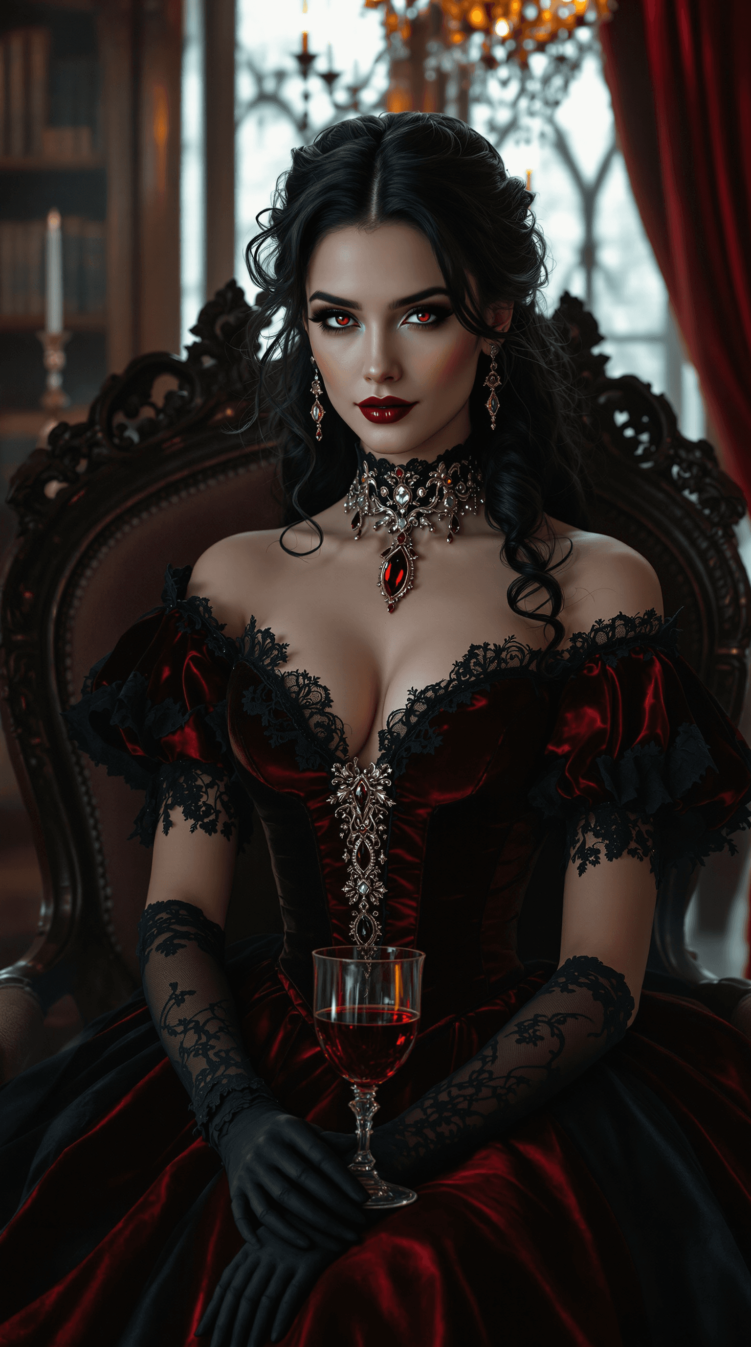 AI generated: A breathtakingly beautiful female Victorian vampire with **pale, porcelain skin**, piercing **crimso...