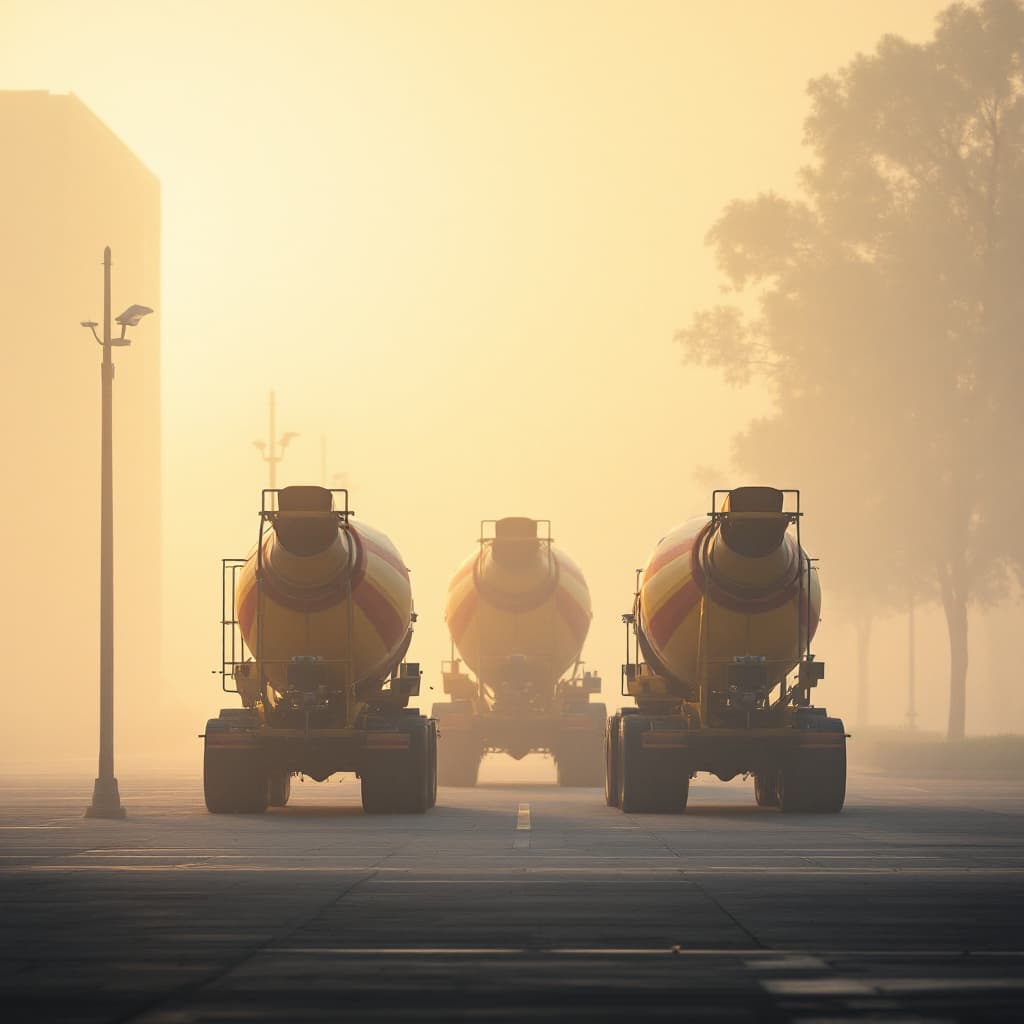 AI generated: Sunrise. Calm light breaks through the fog. A row of concrete mixers trucks(yellow with red stripes ...